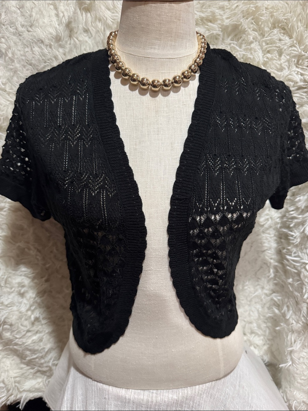 Black Open-Knit Short Sleeve Cropped Cardigan